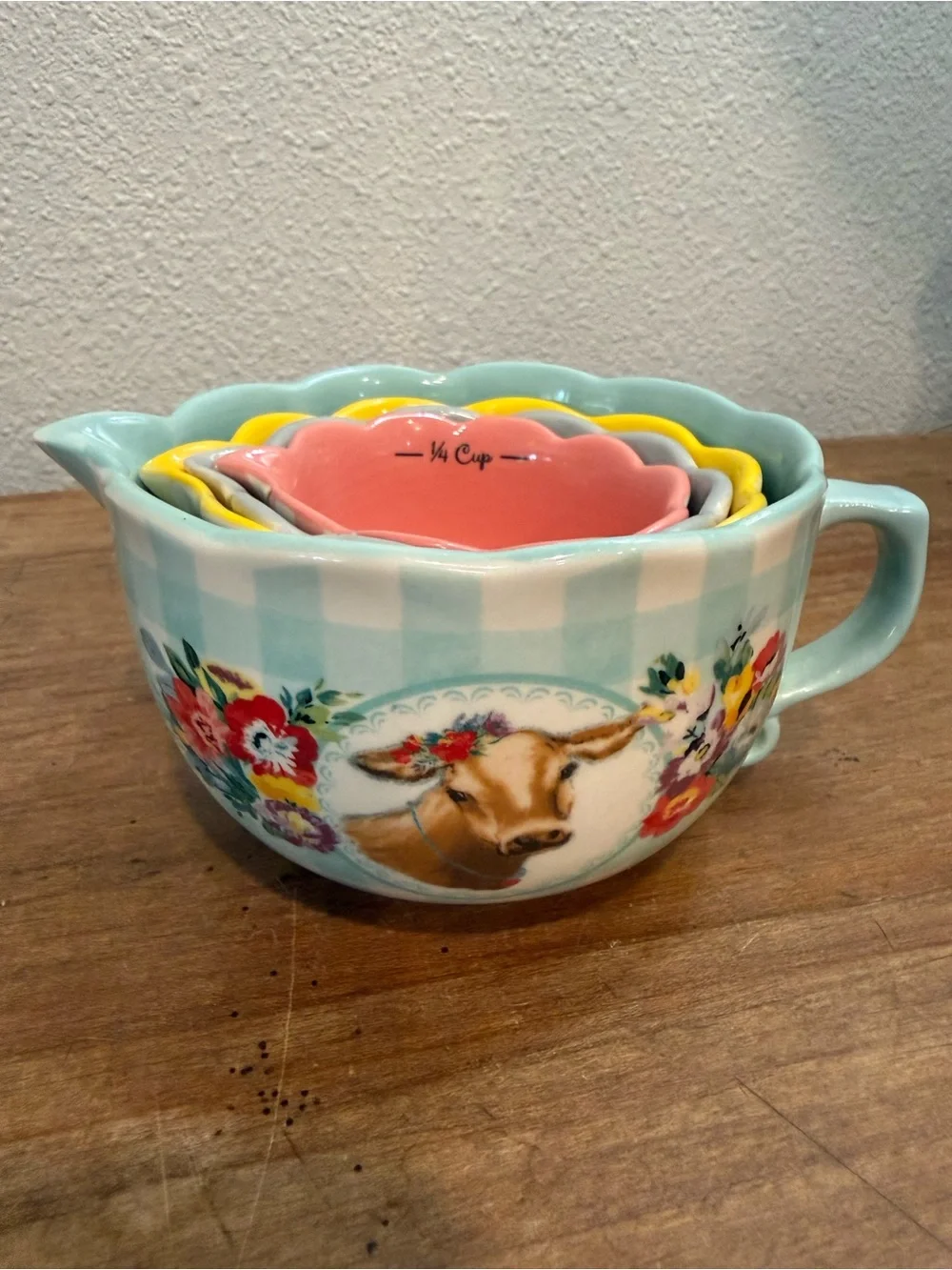 Pioneer Woman Farm Animal Stoneware Measuring Cups Set of 4 NWOT Floral Gingham